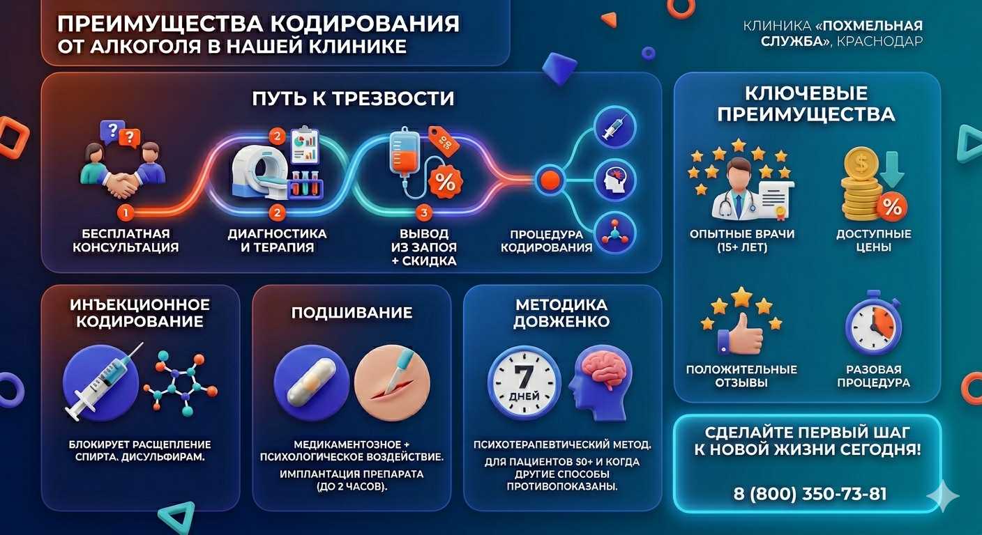 Инфографика о методах кодирования от алкоголя в Кратово: инъекции, подшивание, метод Довженко. Преимущества клиники и этапы лечения.