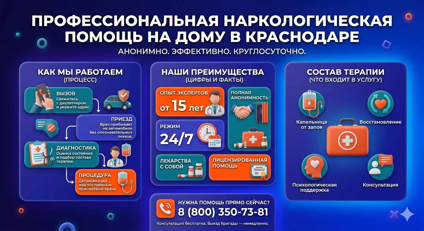 Инфографика о принципах лечения алкоголизма на дому в Кратово: этапы вызова нарколога, преимущества анонимной детоксикации и состав медицинской помощи.